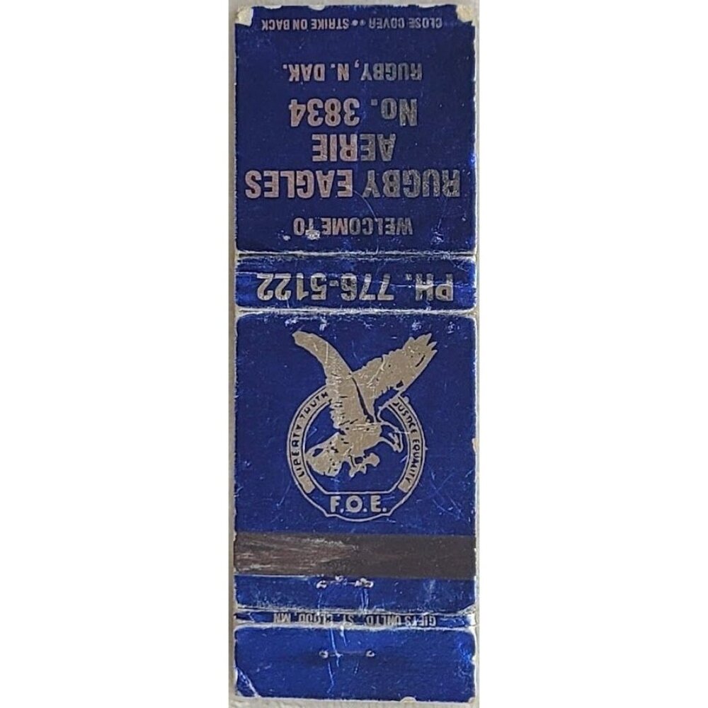 Vintage Matchbook Cover Rugby Eagles Aerie 3834 Rugby ND North Dakota FOE - Picture 1 of 4
